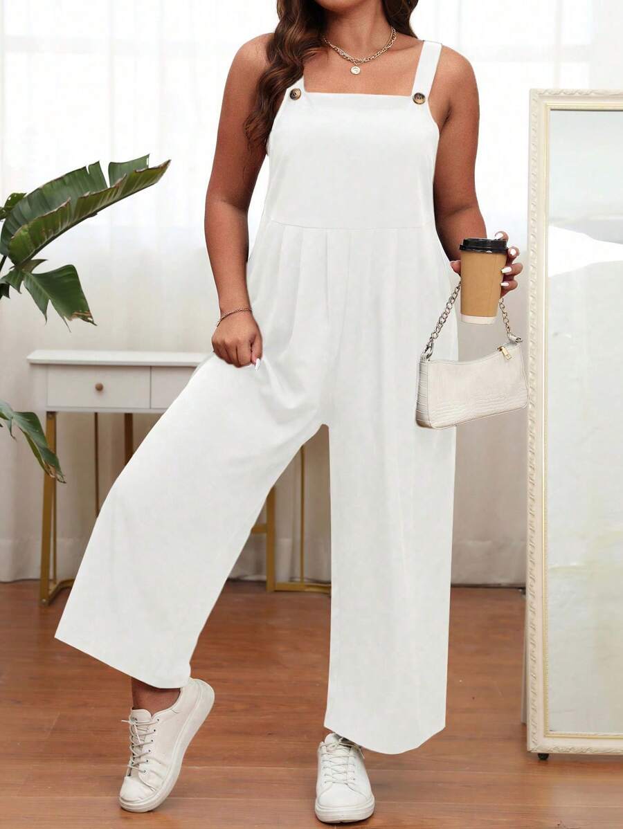 SHEIN LUNE Plus Solid Wide Leg Overall Jumpsuit Without Tee - White - View 1