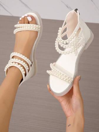Women Faux Pearl Decor Zip Back Ankle Strap Sandals, Fashion Summer Flat Sandals Valentines