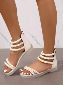 Dép quai mắt cá chân có khóa kéo trang trí ngọc trai giả cho nữ, Dép đế bằng thời trang mùa hè ngày lễ tình nhân - Màu be - Xem 4