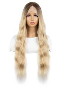 13X4X1.5合成纖維前蕾絲假髮適合女士長款漸層金發波浪狀假髮帶中間部分28英寸 - 金色 - 查看 1