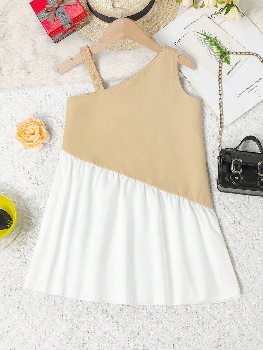 小女童雙色不對稱領荷葉邊連衣裙 - 彩色 - 查看 1