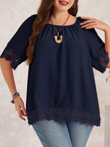 EMERY ROSE Plus Contrast Guipure Lace Raglan Sleeve Blouse - Navy Blue - View 1