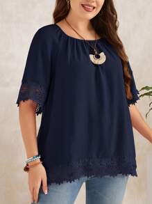 EMERY ROSE Plus Contrast Guipure Lace Raglan Sleeve Blouse - Navy Blue - View 3