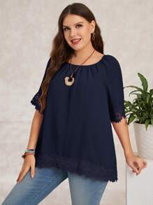 EMERY ROSE Plus Contrast Guipure Lace Raglan Sleeve Blouse - Navy Blue - View 5