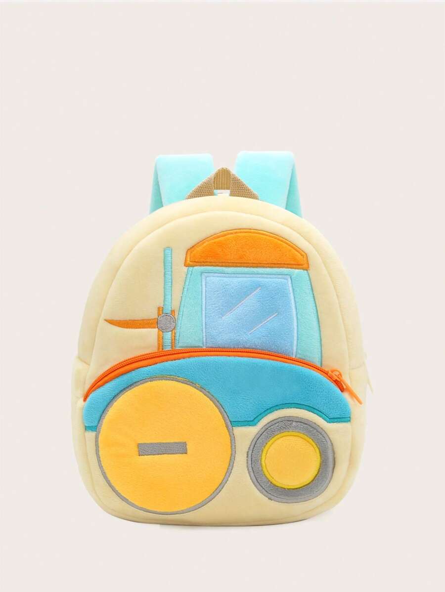 1 件装幼儿男孩/女孩卡通叉车毛绒背包，适合所有季节日常休闲使用 - 米色 - 查看 1