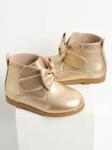Girls Bow Decor Hollow Out Metallic Combat Boots For Outdoor - Gold - View 2