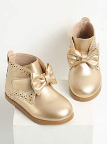 Girls Bow Decor Hollow Out Metallic Combat Boots For Outdoor - Gold - View 3