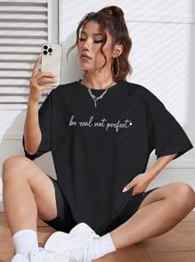 SHEIN EZwear Bộ đồ hai mảnh nữ Tim Slogan Giải trí - màu đen - Xem 3