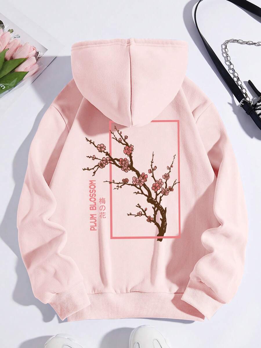 SHEIN Essnce Quần áo thể thao nữ Dây kéo Túi Hoa Lá thư Giải trí - Màu Hồng baby - Xem 1