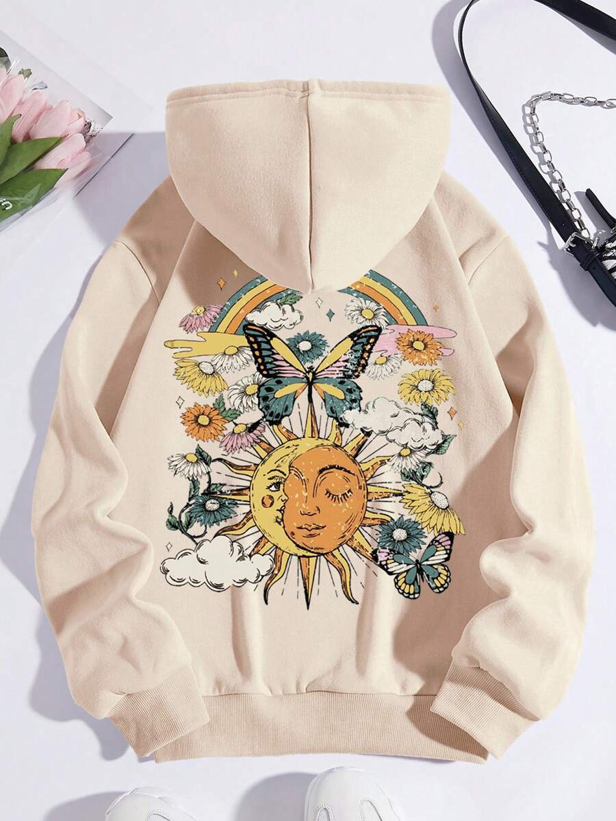 SHEIN EZwear Quần áo thể thao nữ Dây kéo Túi Hoa Loại bướm Giải trí - Màu be - Xem 1