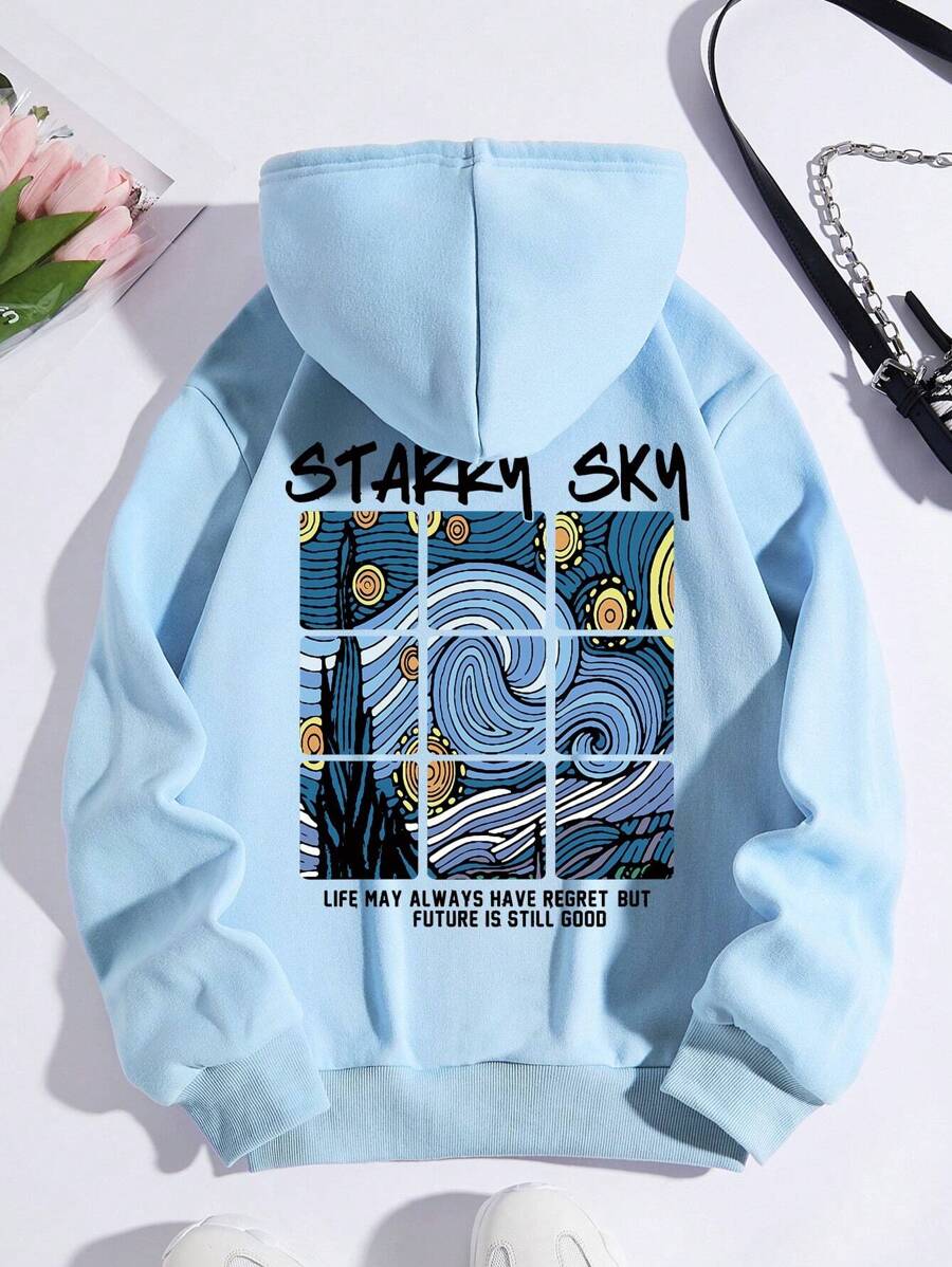 SHEIN EZwear 标语图案抽绳保暖内衬连帽衫 - 薄荷藍 - 查看 1