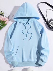 SHEIN EZwear 标语图案抽绳保暖内衬连帽衫 - 薄荷藍 - 查看 2