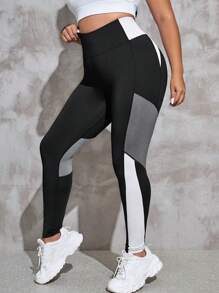 Easithlete Plus Colourblock Wideband Waist Sports Leggings - Multicolor - View 3