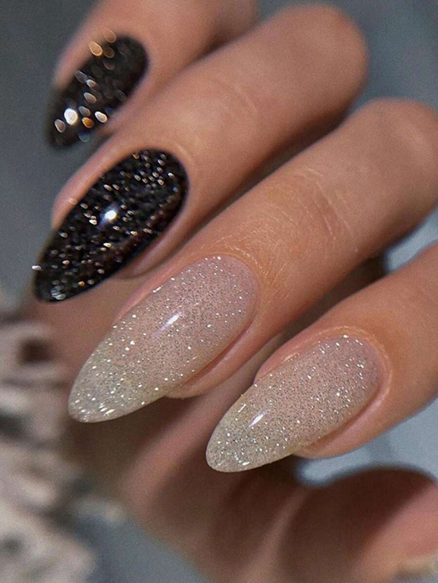 提升你的風格帶24入組短杏仁金屬亮絲全覆蓋假指甲成套工具 - 彩色 - 查看 1