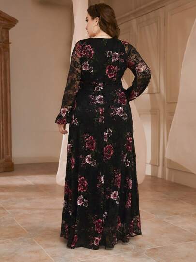 Plus Size Floral Print Lantern Sleeve Dress Black Vacation Spring Elegant