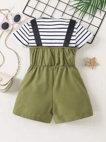 SHEIN Bambine righe Maglietta & toppa con lettera Tutina salopette Set - Verde militare - Visualizzare 2