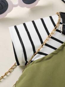 SHEIN Bambine righe Maglietta & toppa con lettera Tutina salopette Set - Verde militare - Visualizzare 5