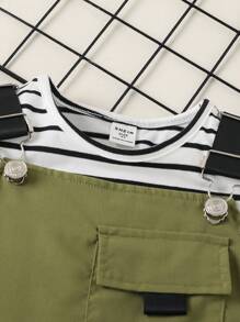 SHEIN Bambine righe Maglietta & toppa con lettera Tutina salopette Set - Verde militare - Visualizzare 6