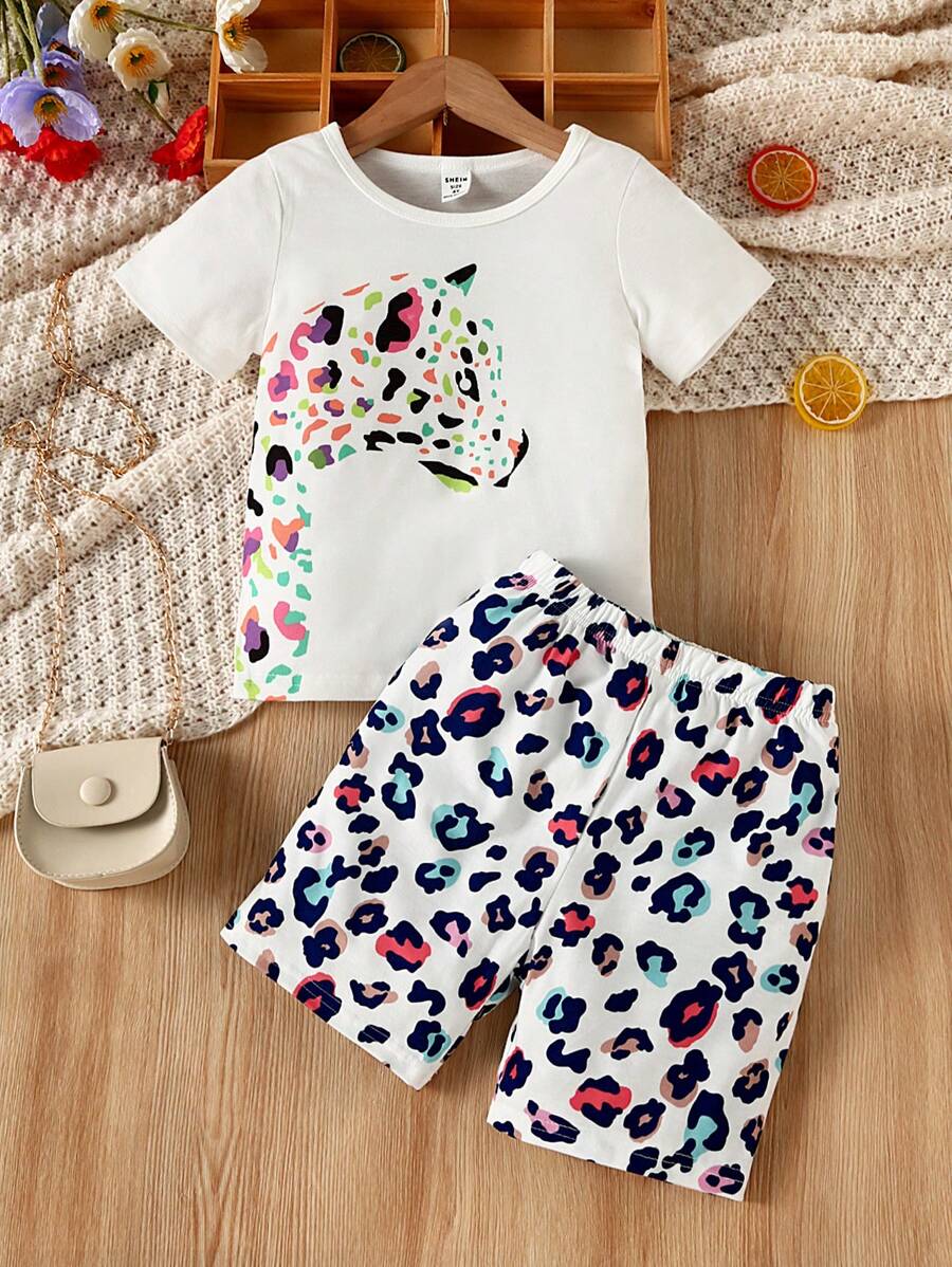 SHEIN Bộ thời trang bé gái Hoạt hình In hoa Báo Giải trí - trắng - Xem 1