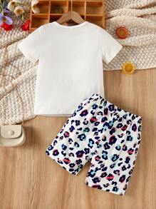 SHEIN Bộ thời trang bé gái Hoạt hình In hoa Báo Giải trí - trắng - Xem 2