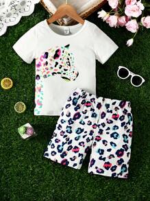 SHEIN Bộ thời trang bé gái Hoạt hình In hoa Báo Giải trí - trắng - Xem 5