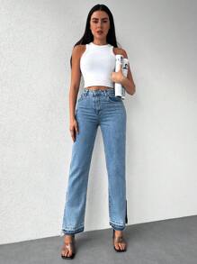 Cottnline High Waist Split Hem Straight Leg Jeans - Medium Wash - View 1