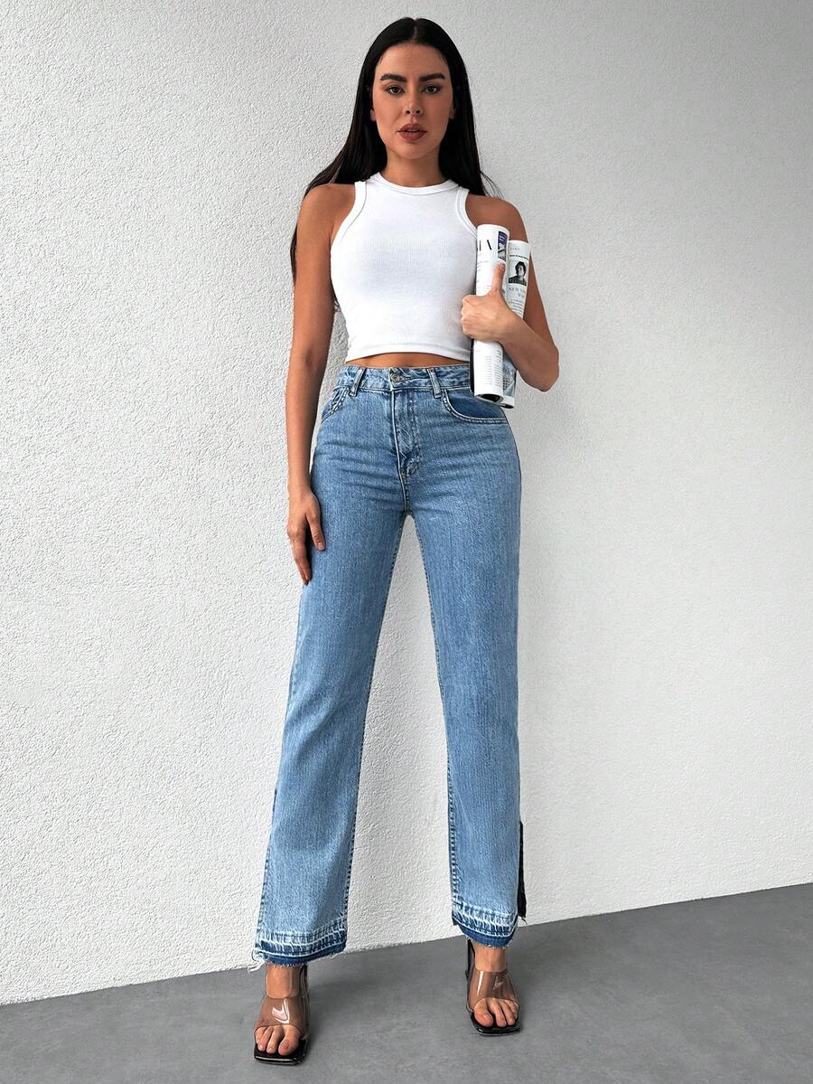 Cottnline High Waist Split Hem Straight Leg Jeans - Medium Wash - View 1