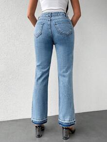 Cottnline High Waist Split Hem Straight Leg Jeans - Medium Wash - View 2