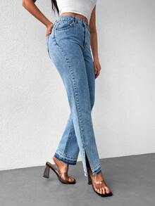 Cottnline High Waist Split Hem Straight Leg Jeans - Medium Wash - View 3