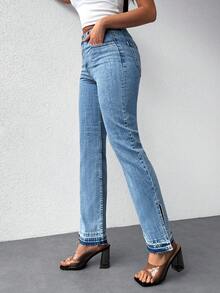 Cottnline High Waist Split Hem Straight Leg Jeans - Medium Wash - View 4