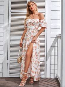 PARTHEA Floral Print Off Shoulder Split Thigh Dress - Multicolor - View 4