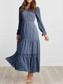 BTFBM All Over Print Flounce Sleeve Chiffon Dress - Navy Blue - View 2