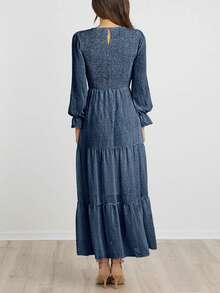 BTFBM All Over Print Flounce Sleeve Chiffon Dress - Navy Blue - View 3