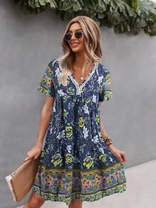 SHEIN VCAY Contrast Lace Floral Smock Dress - Blue - View 1