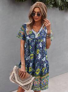SHEIN VCAY Contrast Lace Floral Smock Dress - Blue - View 3