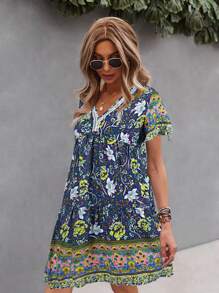 SHEIN VCAY Contrast Lace Floral Smock Dress - Blue - View 4