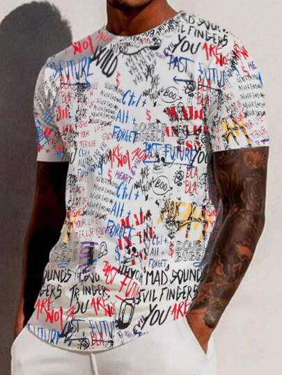 Manfinity LEGND 男士随机字母图案休闲短袖 T 恤，适合外出