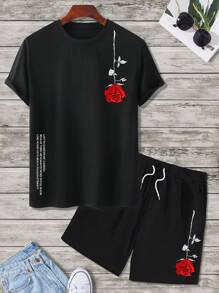 Manfinity Homme Men Floral & Slogan Graphic Short Sleeve Tee & Drawstring Waist Shorts Set, For Husband, Going Out - Black - View 4