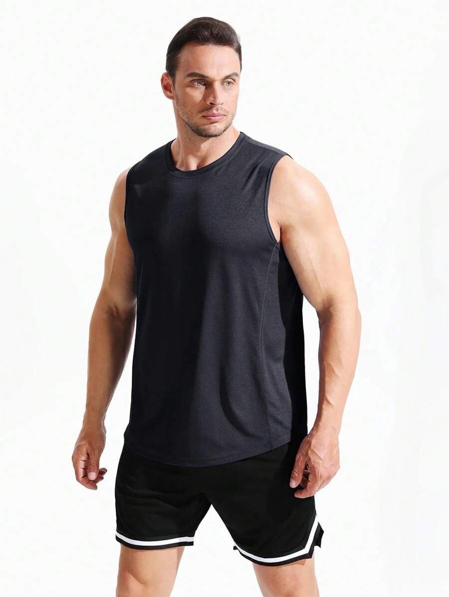 SHEIN Fitness Men Solid Sports Tank Top - Black - View 1