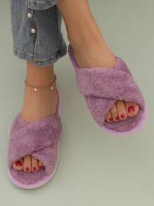 Dép Đi Trong Nhà Thời Trang Cho Nữ, Dép Quai Chéo Lông Tơ Ấm Áp Đi Trong Nhà - Màu tím - Xem 5