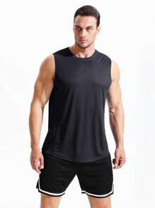 SHEIN Fitness Men Solid Sports Tank Top - Black - View 3