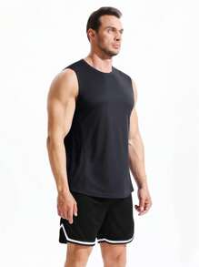 SHEIN Fitness Men Solid Sports Tank Top - Black - View 4