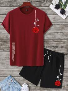 Manfinity Homme 休閒抽繩 口袋花卉印花 標語男士兩件套 - 彩色 - 查看 4