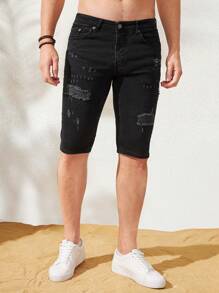 RueChic Men Ripped Frayed Slant Pocket Denim Shorts - Black - View 1