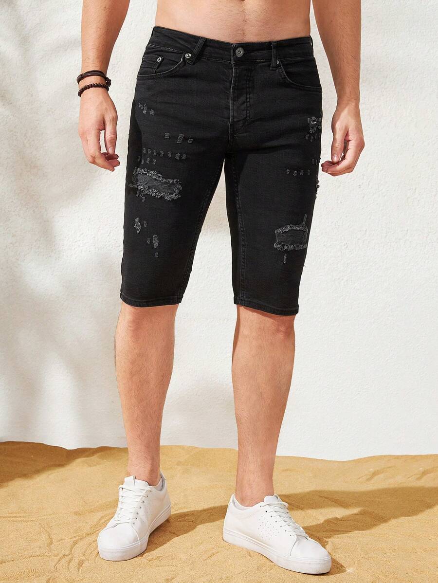 RueChic Men Ripped Frayed Slant Pocket Denim Shorts - Black - View 1