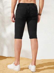 RueChic Men Ripped Frayed Slant Pocket Denim Shorts - Black - View 2