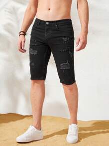 RueChic Men Ripped Frayed Slant Pocket Denim Shorts - Black - View 6