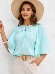 SHEIN Clasi Áo sơ mi nữ Thắt nơ trước màu trơn Dễ thương - Màu xanh Bạc hà - Xem 5