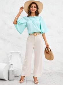 SHEIN Clasi Áo sơ mi nữ Thắt nơ trước màu trơn Dễ thương - Màu xanh Bạc hà - Xem 1