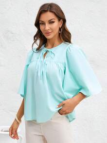 SHEIN Clasi Áo sơ mi nữ Thắt nơ trước màu trơn Dễ thương - Màu xanh Bạc hà - Xem 6